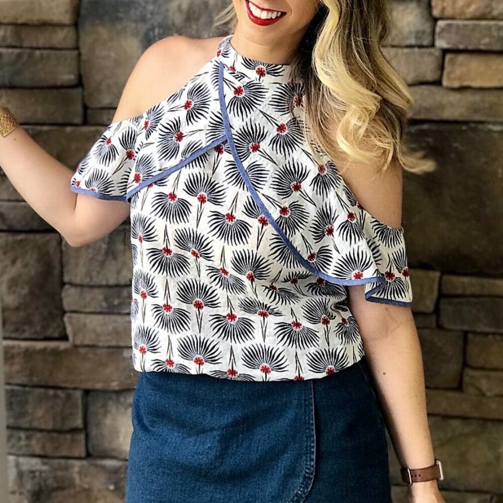 THML Floral Print Crossover Neckline Cold Shoulder Lightweight Summer Top